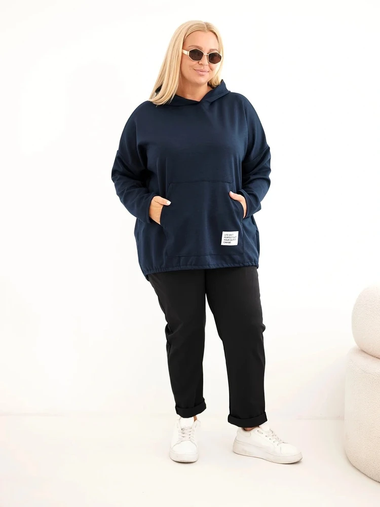 Moteriškas Plus Size džemperis su gobtuvu ir kangūros tipo kišene, tamsiai mėlynas
