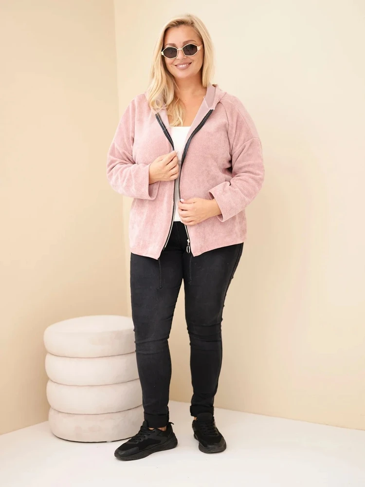 Moteriškas Plus Size džemperis su gobtuvu ir užtrauktuku, rožinės spalvos
