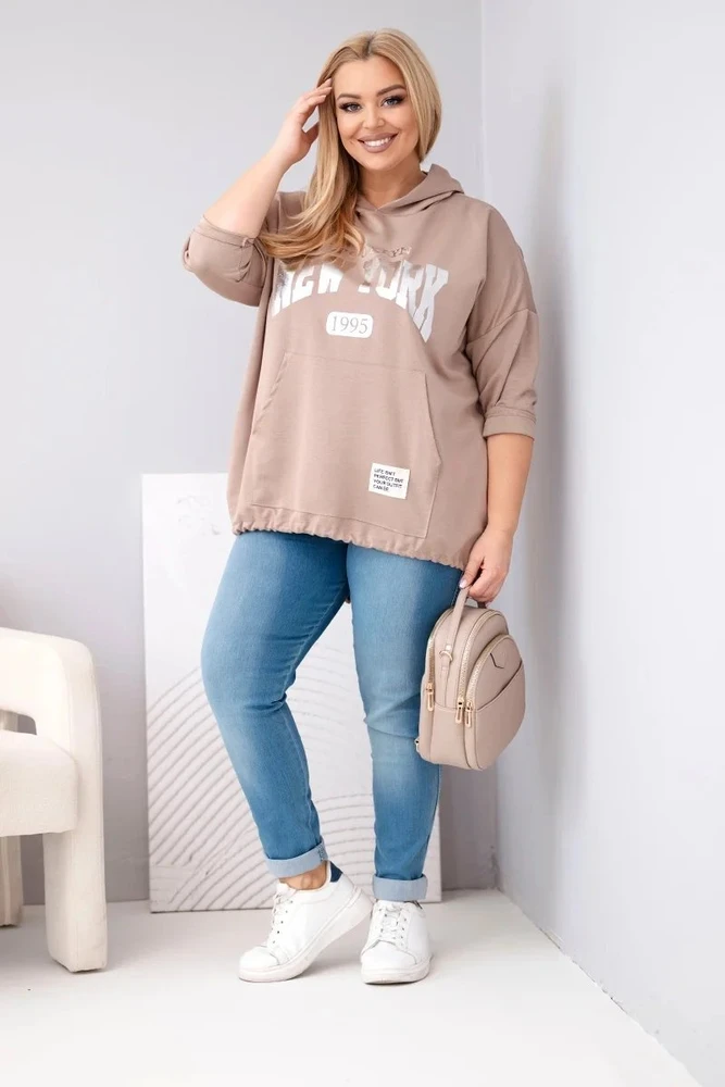 Moteriškas Plus Size džemperis su gobtuvu ir kišene, kapučino spalvos