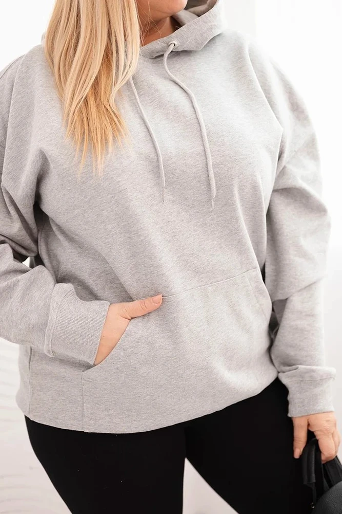 Moteriškas Plus Size džemperis su gobtuvu ir kengūros kišene, pilkas