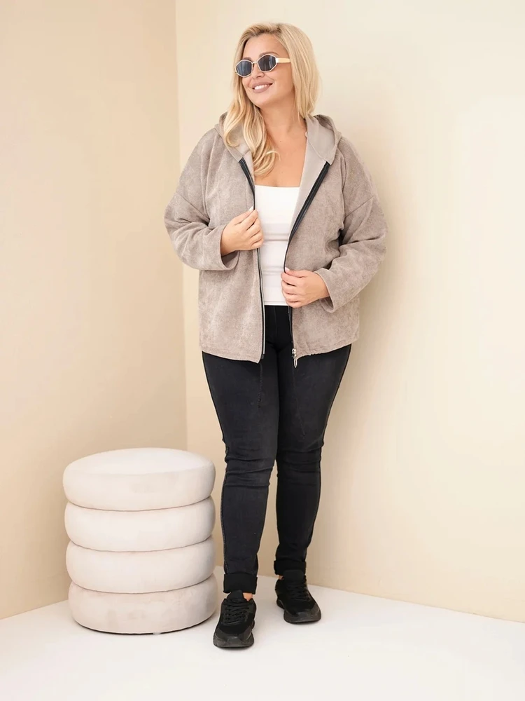 Moteriškas Plus Size džemperis su gobtuvu ir užtrauktuku, kapučino spalvos