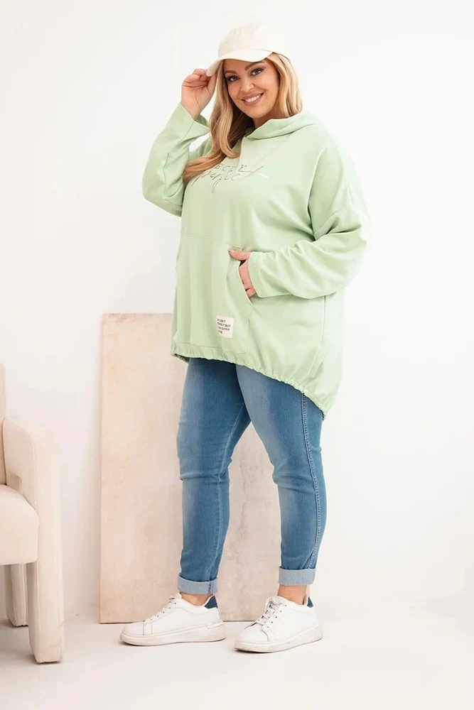 Moteriškas Plus Size džemperis su gobtuvu ir spauda, mėtų spalvos