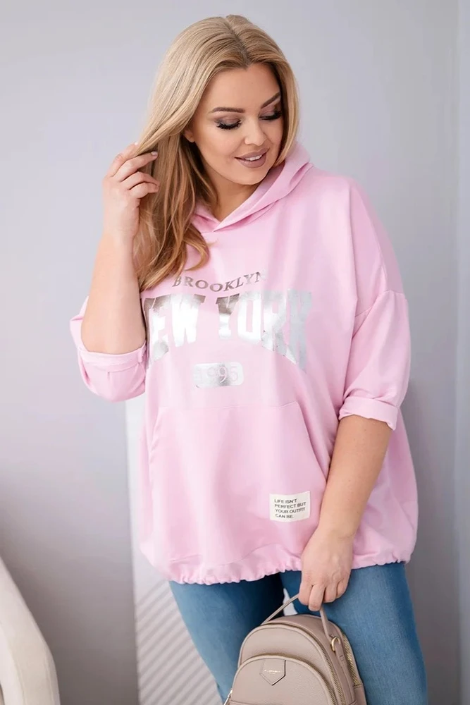 Moteriškas Plus Size džemperis su gobtuvu ir kišene, rožinės spalvos