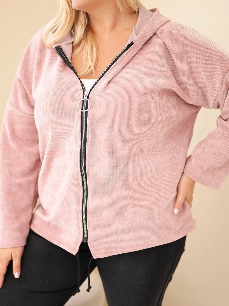 Moteriškas Plus Size džemperis su gobtuvu ir užtrauktuku, rožinės spalvos