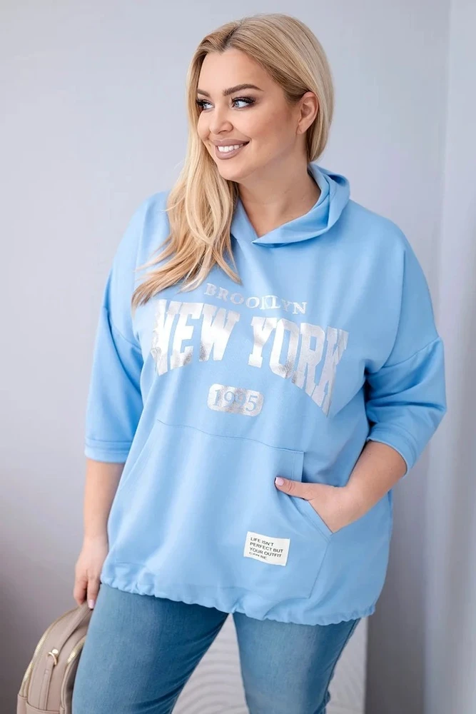 Moteriškas Plus Size džemperis su gobtuvu ir kengūros kišene, mėlynos spalvos