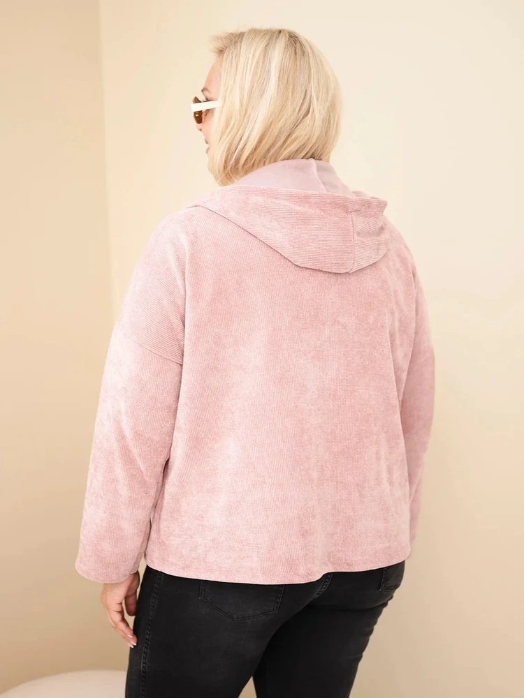 Moteriškas Plus Size džemperis su gobtuvu ir užtrauktuku, rožinės spalvos