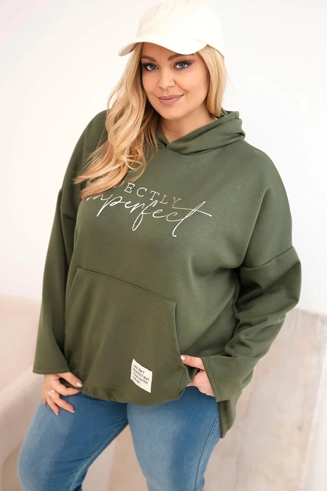 Moteriškas Plus Size džemperis su gobtuvu ir užrašu, chaki spalvos