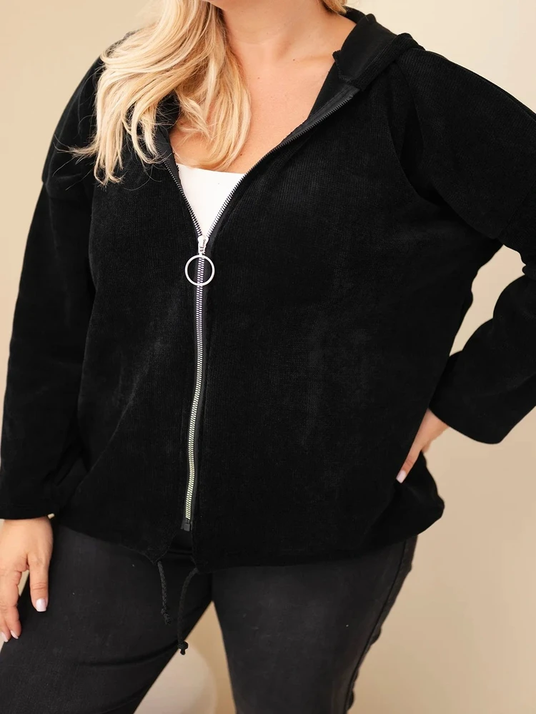 Moteriškas Plus Size džemperis su gobtuvu ir užtrauktuku, juodos spalvos