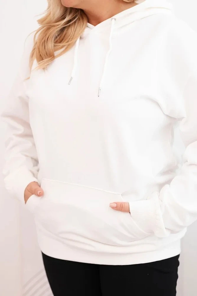 Moteriškas Plus Size džemperis su gobtuvu ir kengūros kišene, baltos spalvos