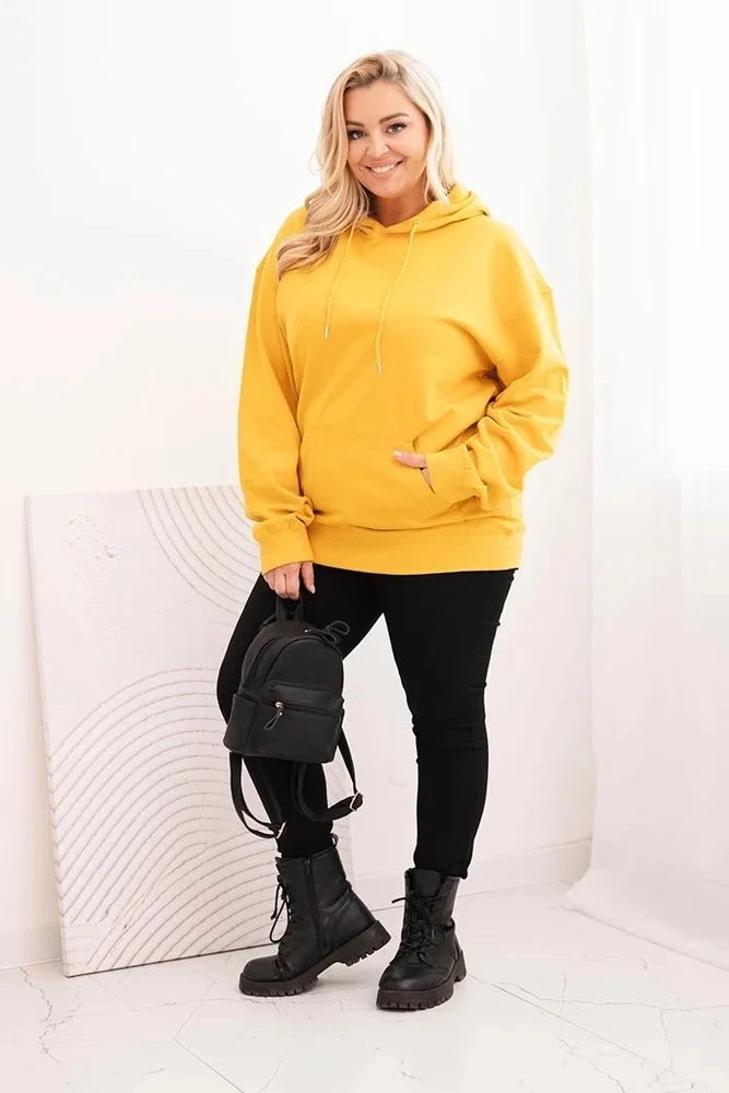 Moteriškas Plus Size džemperis su gobtuvu ir kengūros kišene, garstyčių spalvos