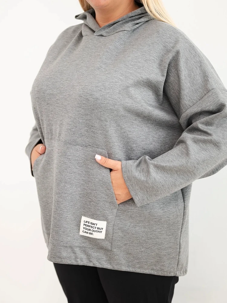 Moteriškas Plus Size džemperis su gobtuvu ir kišenėmis, grafito melanžo spalvos