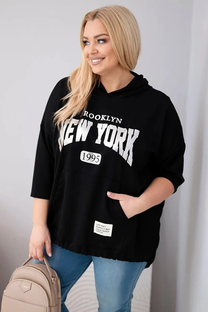 Moteriškas Plus Size džemperis su gobtuvu, juodos spalvos