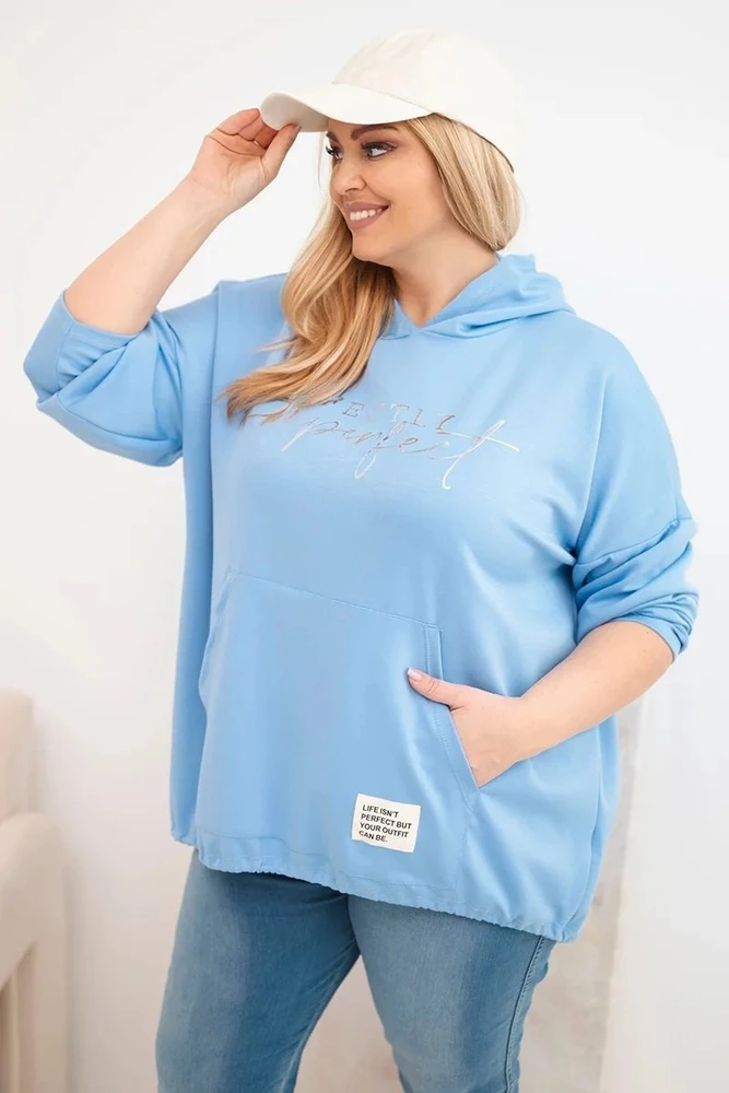 Moteriškas Plus Size džemperis su gobtuvu ir spauda, mėlynos spalvos