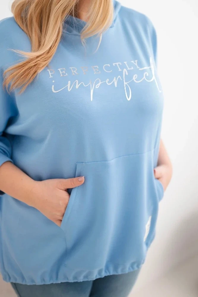 Moteriškas Plus Size džemperis su gobtuvu ir spauda, mėlynos spalvos
