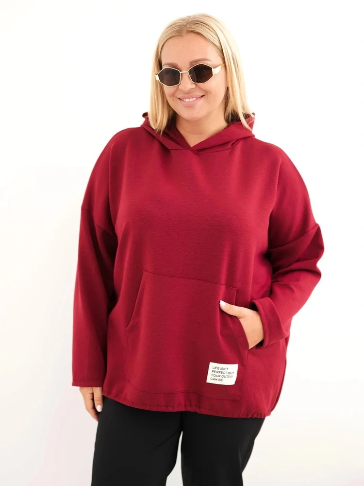 Moteriškas Plus Size džemperis su gobtuvu ir kengūros kišene, burgundiškos spalvos