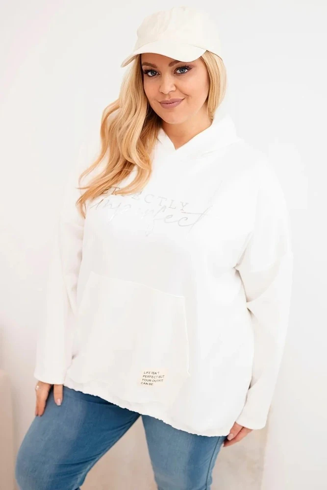 Moteriškas Plus Size džemperis su gobtuvu ir spaudiniu, ekru spalvos