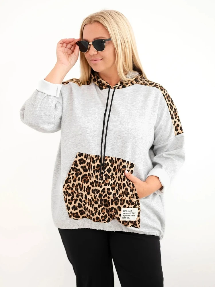 Moteriškas Plus Size džemperis su gobtuvu ir leopardo rašto detalėmis, pilkas