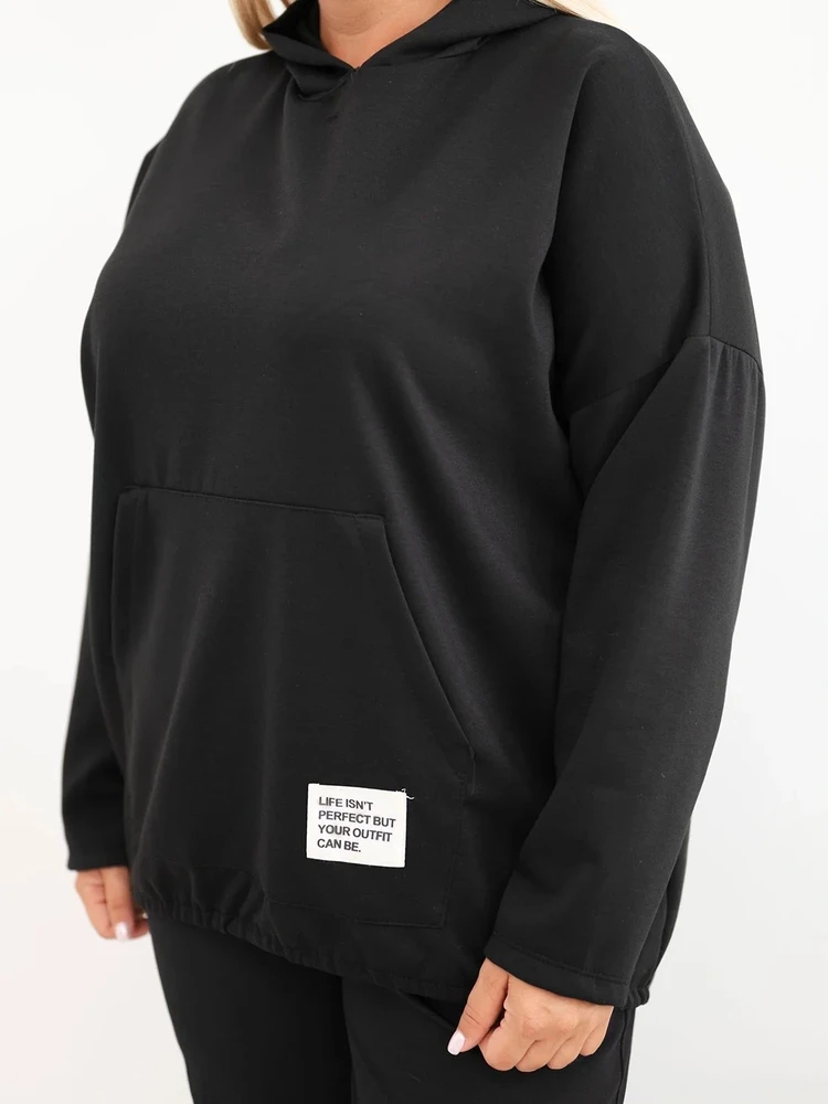 Moteriškas Plus Size džemperis su gobtuvu ir kengūros kišene, juodas