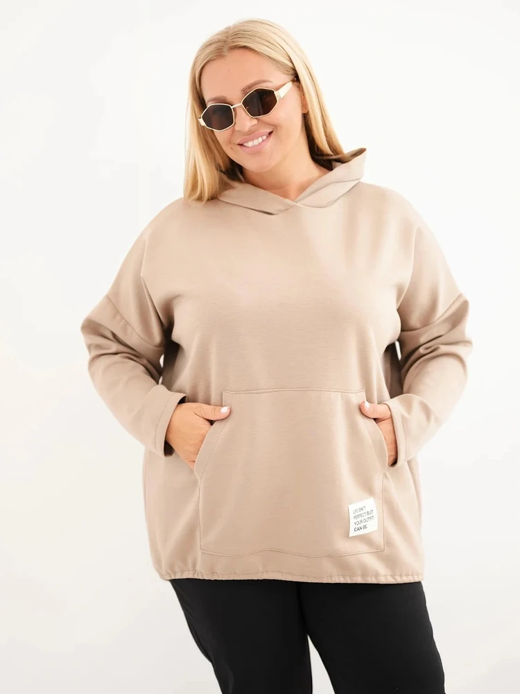 Moteriškas Plus Size džemperis su gobtuvu ir kengūros kišene, smėlio spalvos