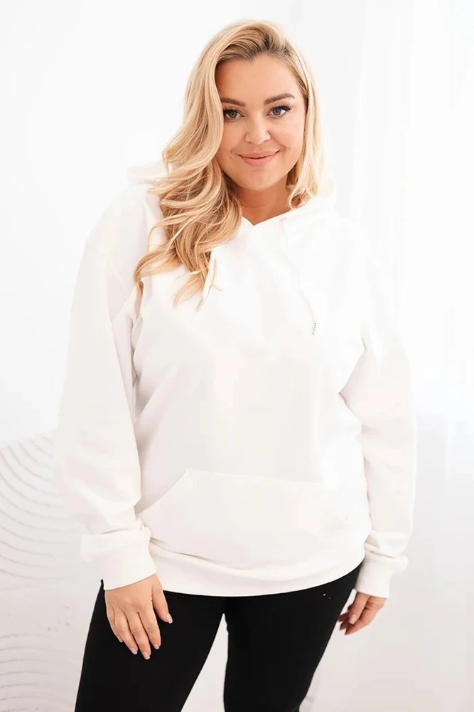 Moteriškas Plus Size džemperis su gobtuvu ir kengūros kišene, baltos spalvos