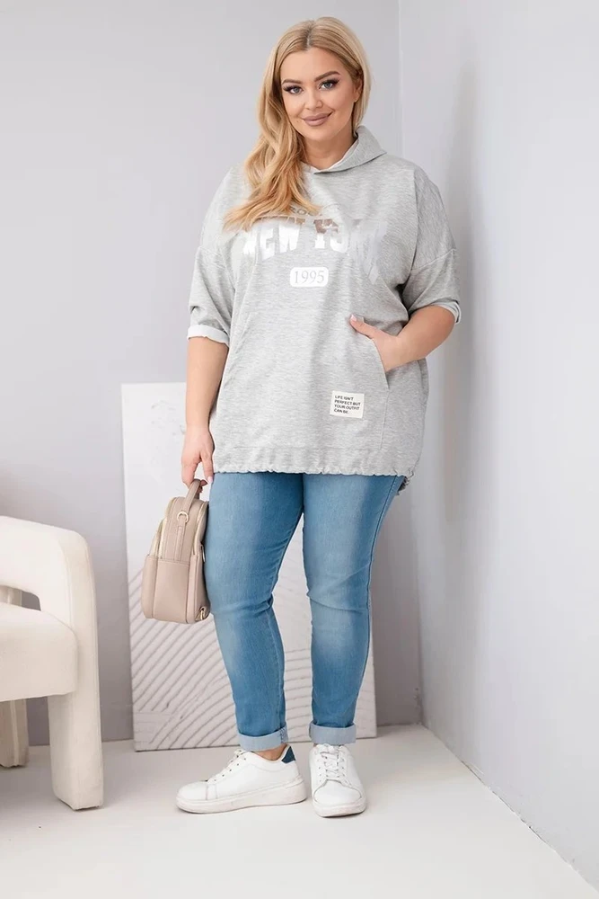 Moteriškas Plus Size džemperis su gobtuvu ir kišene, pilkai melanžinis