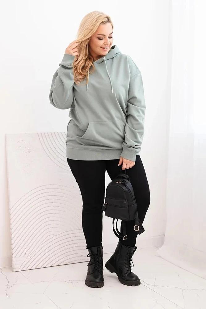 Moteriškas Plus Size džemperis su gobtuvu ir kišene, mėtų spalvos