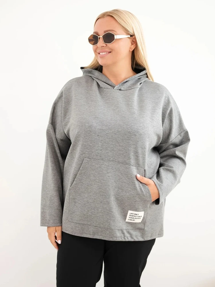 Moteriškas Plus Size džemperis su gobtuvu ir kišenėmis, grafito melanžo spalvos