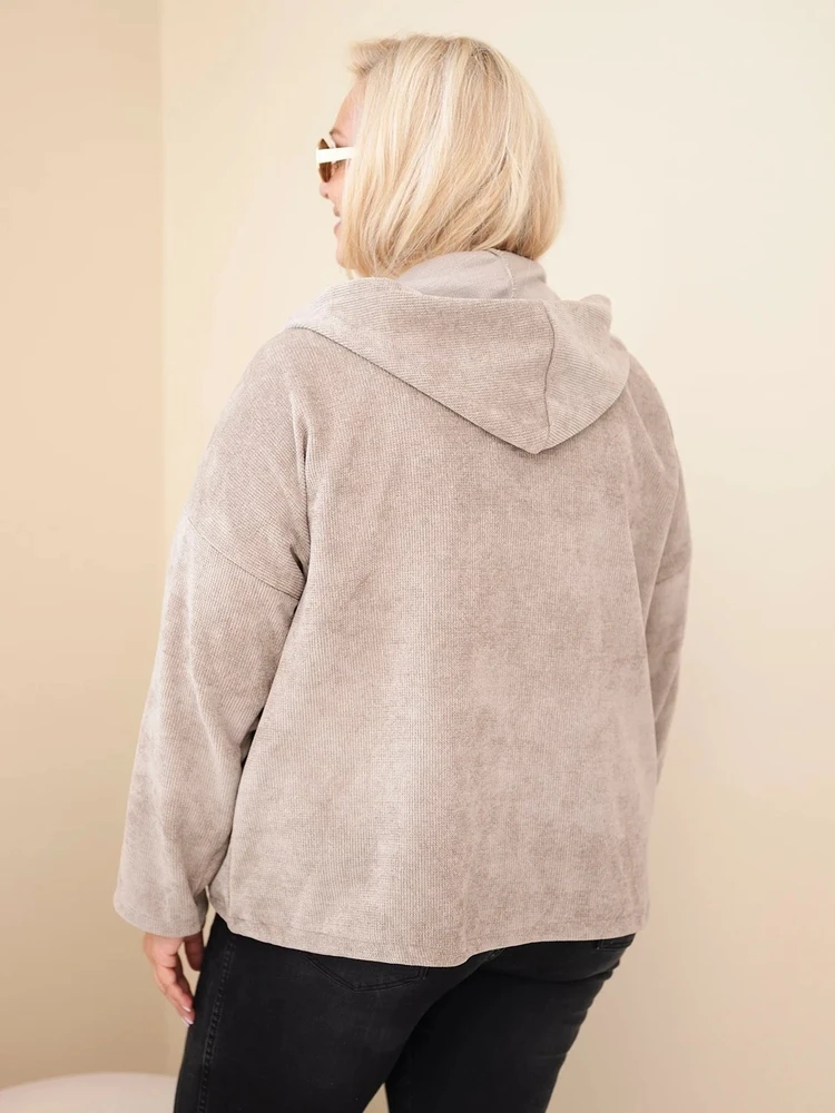 Moteriškas Plus Size džemperis su gobtuvu ir užtrauktuku, kapučino spalvos