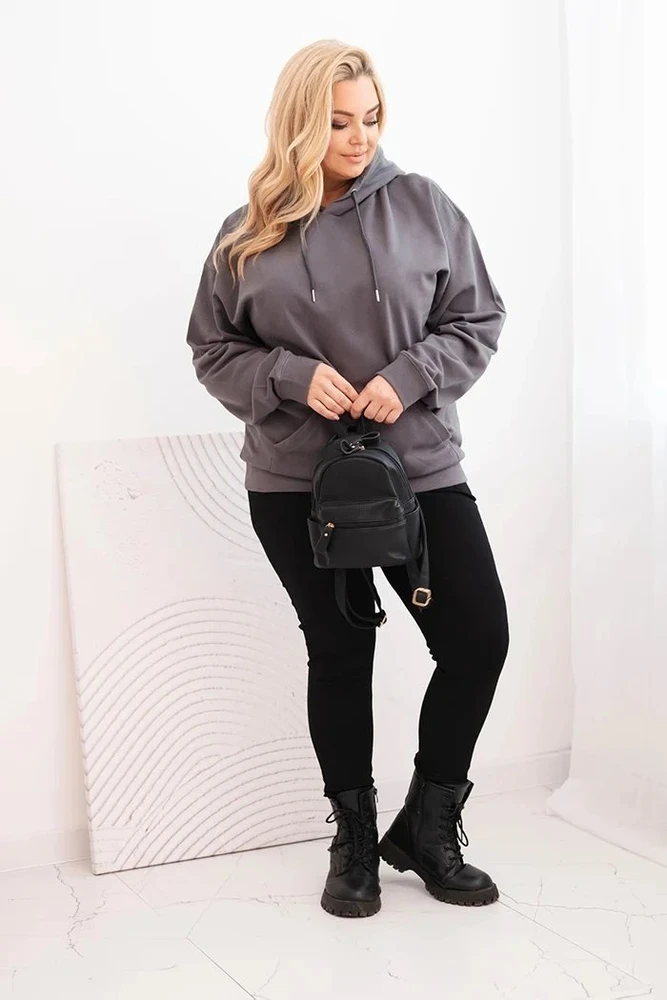 Moteriškas Plus Size džemperis su gobtuvu ir kengūros kišene, pilkos spalvos