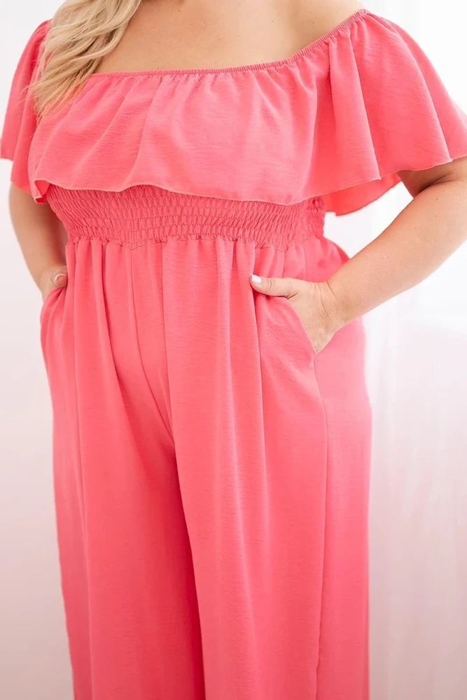 Moteriškas Plus Size kombinezonas su raukiniais ir trumpomis rankovėmis, rožinis