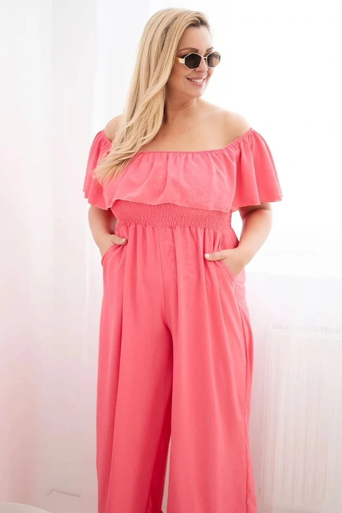 Moteriškas Plus Size kombinezonas su raukiniais ir trumpomis rankovėmis, rožinis
