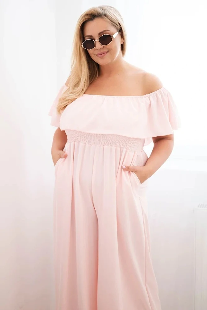 Moteriškas Plus Size kombinezonas su raukiniais ir trumpomis rankovėmis, pudrinės rožinės spalvos