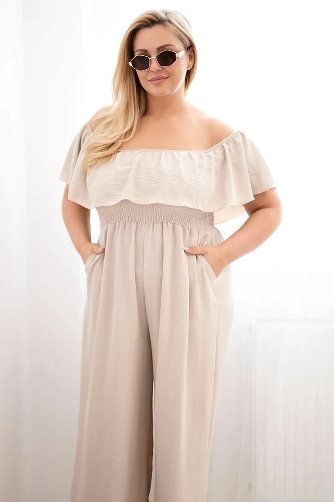 Moteriškas Plus Size kombinezonas su raukiniais ir trumpomis rankovėmis, smėlio spalvos