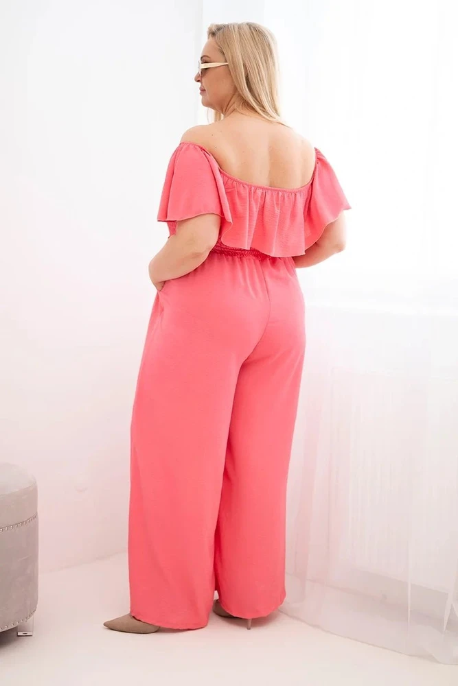 Moteriškas Plus Size kombinezonas su raukiniais ir trumpomis rankovėmis, rožinis