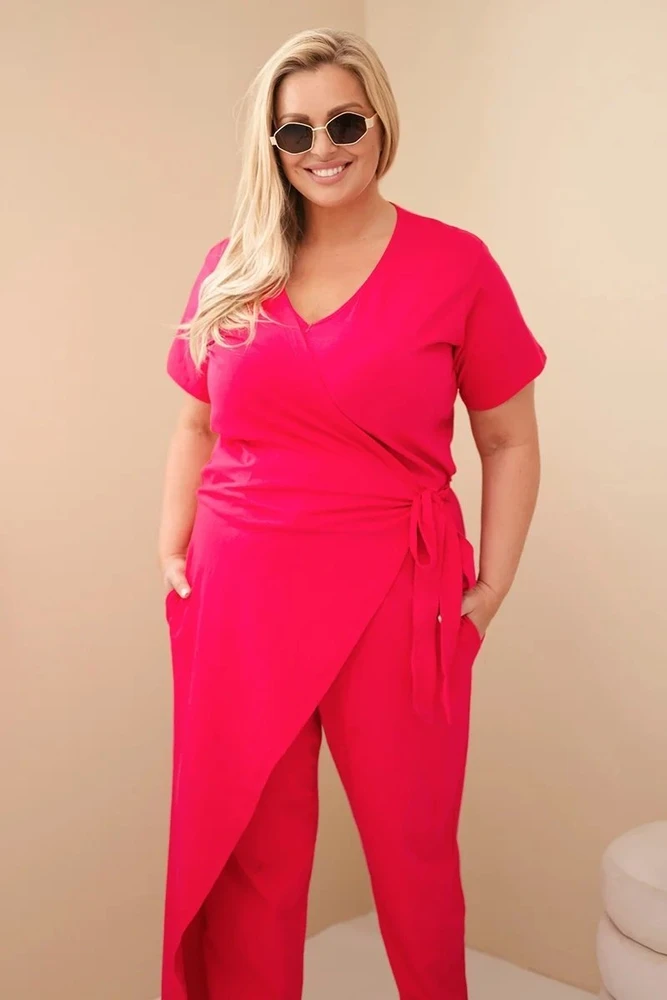 Moteriškas Plus Size kombinezonas su surišimu ties juosmeniu, fuksijos spalvos