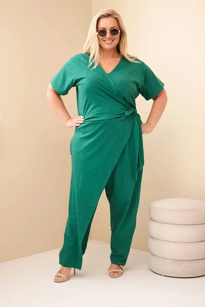 Moteriškas Plus Size kombinezonas su surišimu ties juosmeniu, žalias