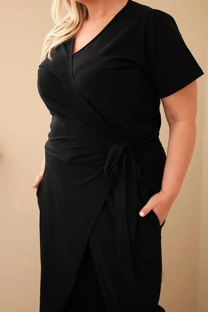 Moteriškas Plus Size kombinezonas su surišimu ties juosmeniu, juodas