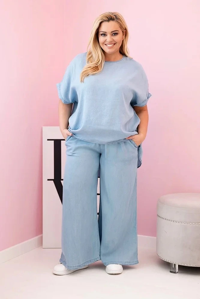 Moteriškas Plus Size komplektas iš tencelio su surišamu juosmeniu, šviesiai džinso spalvos