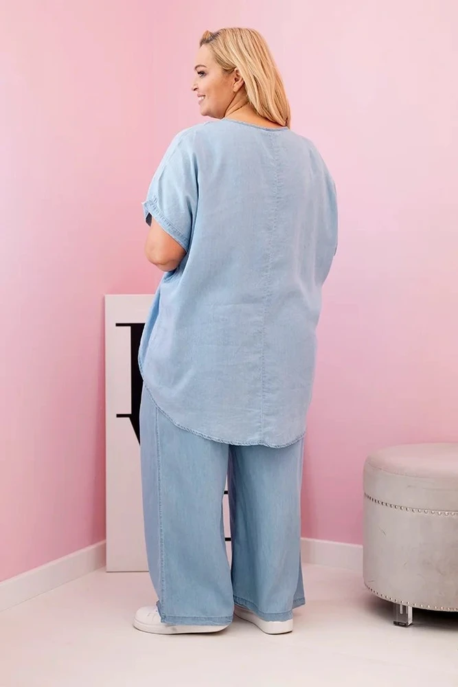 Moteriškas Plus Size komplektas iš tencelio su surišamu juosmeniu, šviesiai džinso spalvos
