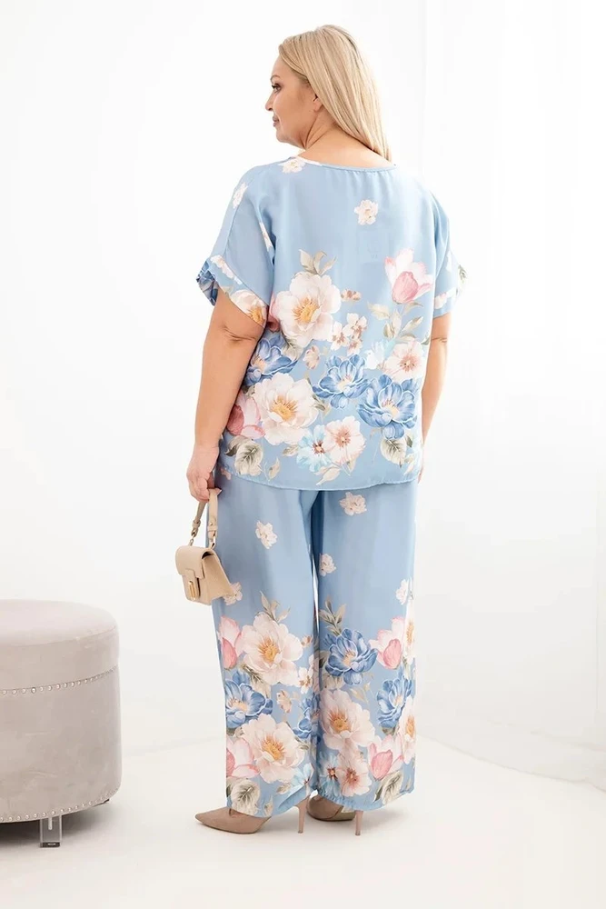 Moteriškas Plus Size komplektas su gėlėmis, mėlynos spalvos
