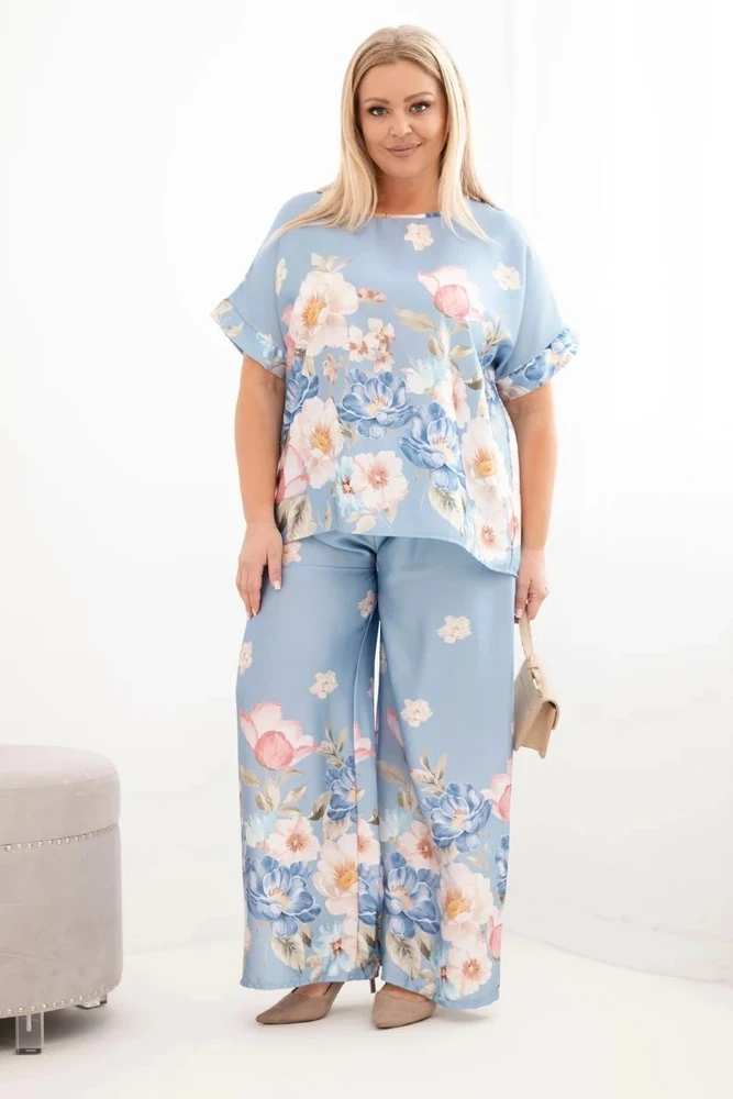 Moteriškas Plus Size komplektas su gėlėmis, mėlynos spalvos