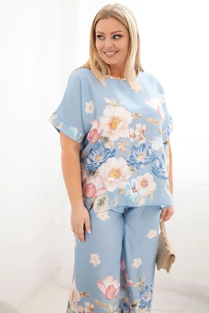 Moteriškas Plus Size komplektas su gėlėmis, mėlynos spalvos