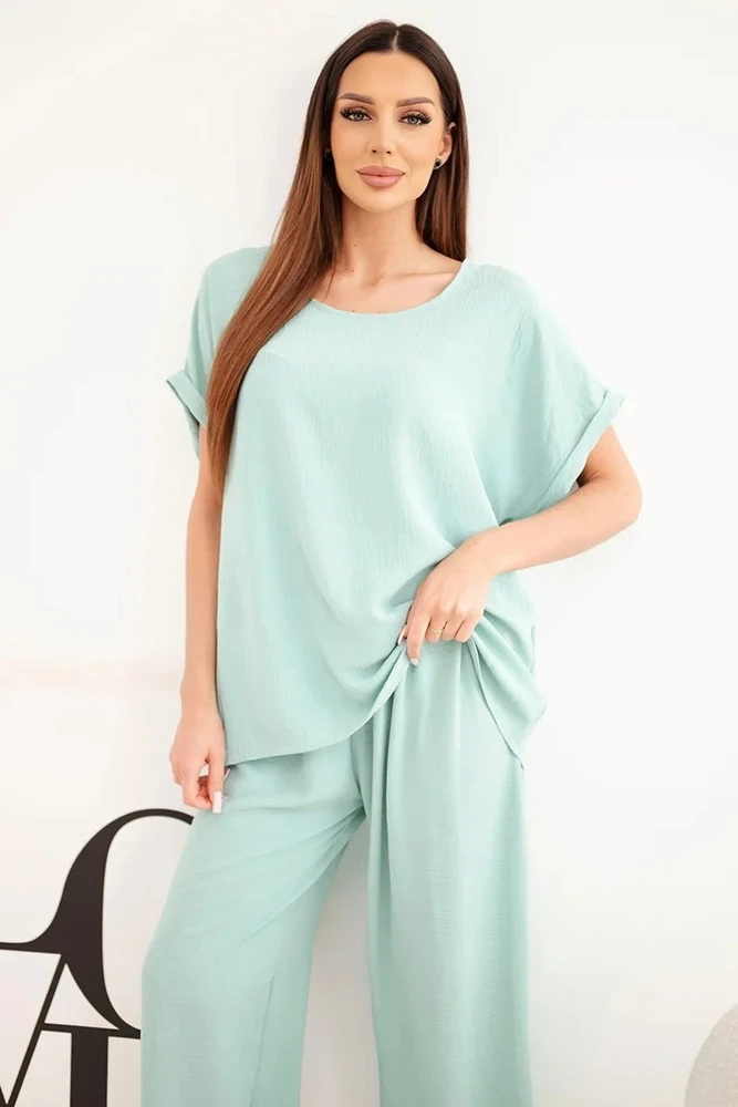 Moteriškas Plus Size komplektas su palaidine ir plačiomis kelnėmis, tamsios mėtų spalvos