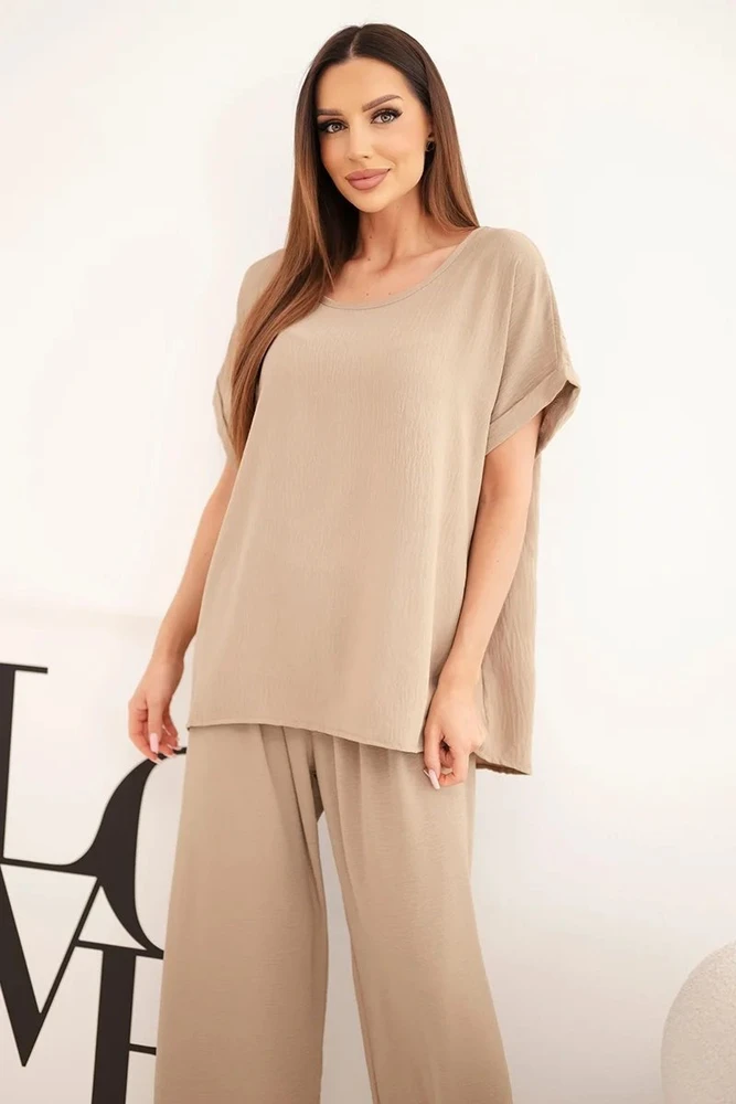 Moteriškas Plus Size komplektas su palaidine ir plačiomis kelnėmis, fango spalvos
