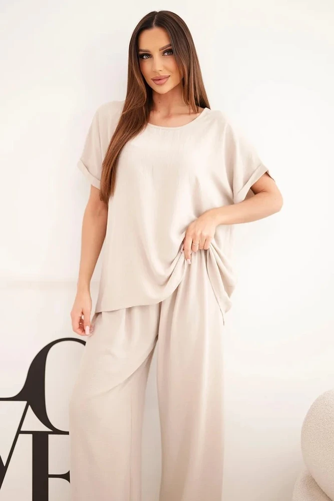 Moteriškas Plus Size komplektas su palaidine ir plačiomis kelnėmis, smėlio spalvos