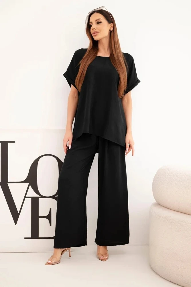 Moteriškas Plus Size komplektas su palaidine ir plačiomis kelnėmis, juodas