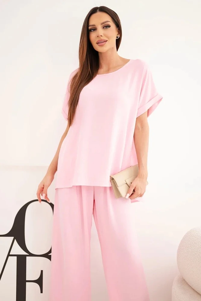 Moteriškas Plus Size komplektas su palaidine ir plačiomis kelnėmis, šviesiai rožinis