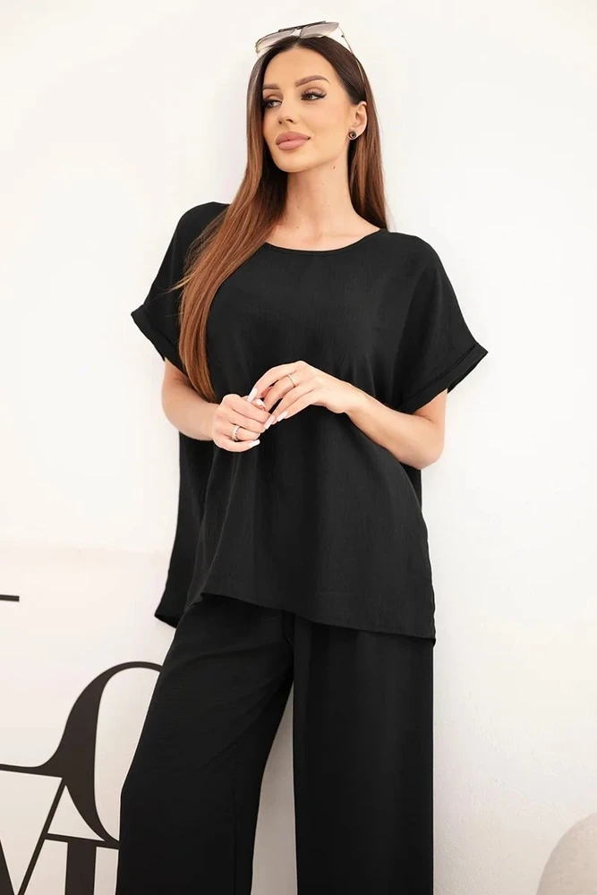 Moteriškas Plus Size komplektas su palaidine ir plačiomis kelnėmis, juodas