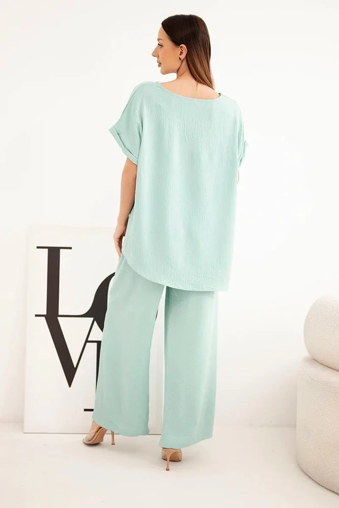 Moteriškas Plus Size komplektas su palaidine ir plačiomis kelnėmis, tamsios mėtų spalvos