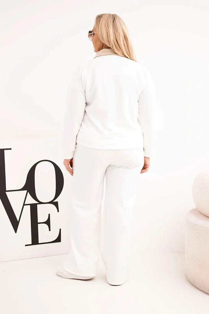 Moteriškas Plus Size komplektas su plačiomis kelnėmis ir apykakle, baltos spalvos